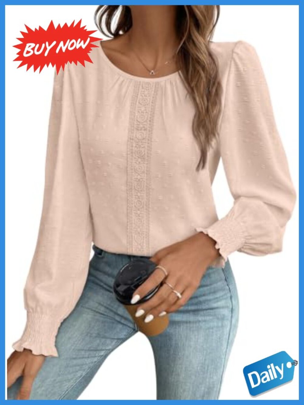 Swiss Dot Blouse Crochet Lace Trim Pom Pom Long Sleeve Women's Top